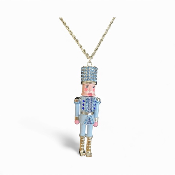 Betsey Johnson Articulated Nutcracker Necklace, Silver and Blue with Rhinestones - Picture 5 of 8